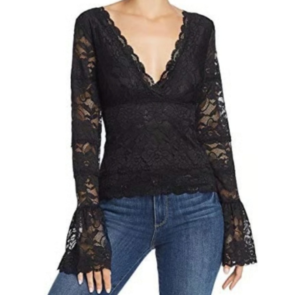 Guess Floral Lace Bell Sleeve Top Small V Neck Black Whimsigoth Romantic Blouse